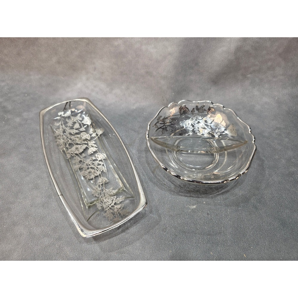 Vintage Silver Overlay Glass Serving Set Divided Relish DIsh & Tray Trinkety